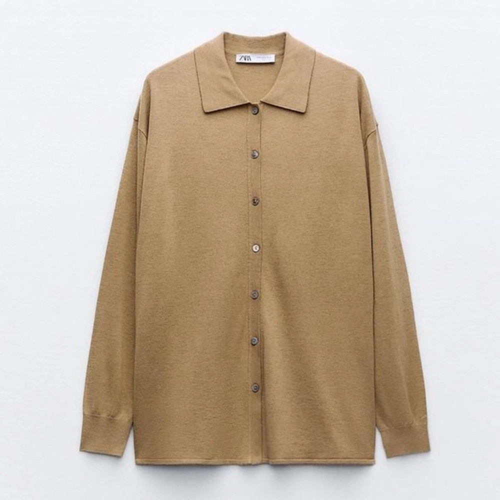 Zara | Side Buttoned Knit Cardigan Wool Blend Modern Fit Tan S
